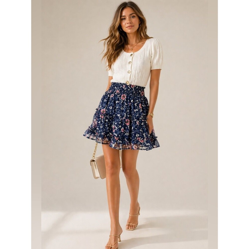 Vineyard Vines Navy Feminine Floral Smocked Waist Tiered Mini Skirt Sz M Preppy - Picture 1 of 6